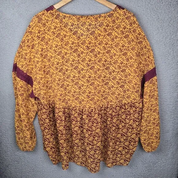 Lane Bryant Plus Boho Floral Blouse 18/20 Burgundy Mustard Yellow Trendy Flowy - Picture 2 of 10